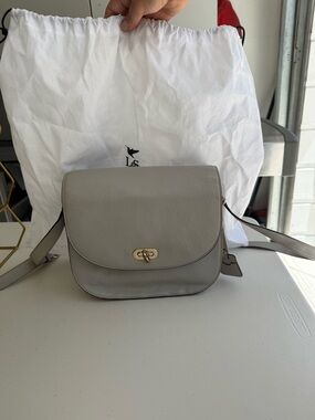 Gray Leather Crossbody Bag with Gold Turn-Lock